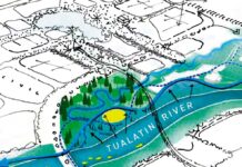 New Riverfront Park and Downtown Revitalization Align in Tualatin A graphic drawn up by Berger Partnership depicts the Riverfront Park project and the Down Revitalization project bleeding into each other as the projects combine forces for a new community engagement phase starting in October.