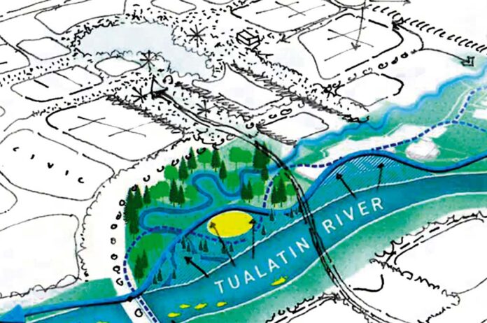 A graphic drawn up by Berger Partnership depicts the Riverfront Park project and the Down Revitalization project bleeding into each other as the projects combine forces for a new community engagement phase starting in October.